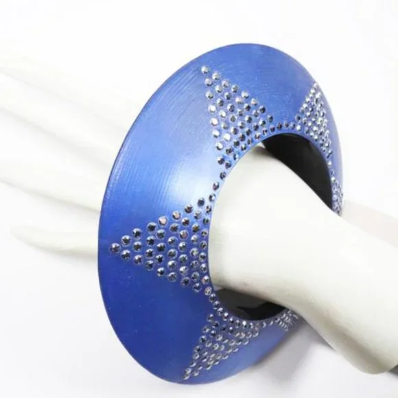ALEXIS BITTAR Blue Lucite Silver Swarovski Crystal Wide Bangle Bracelet - Picture 5 of 9